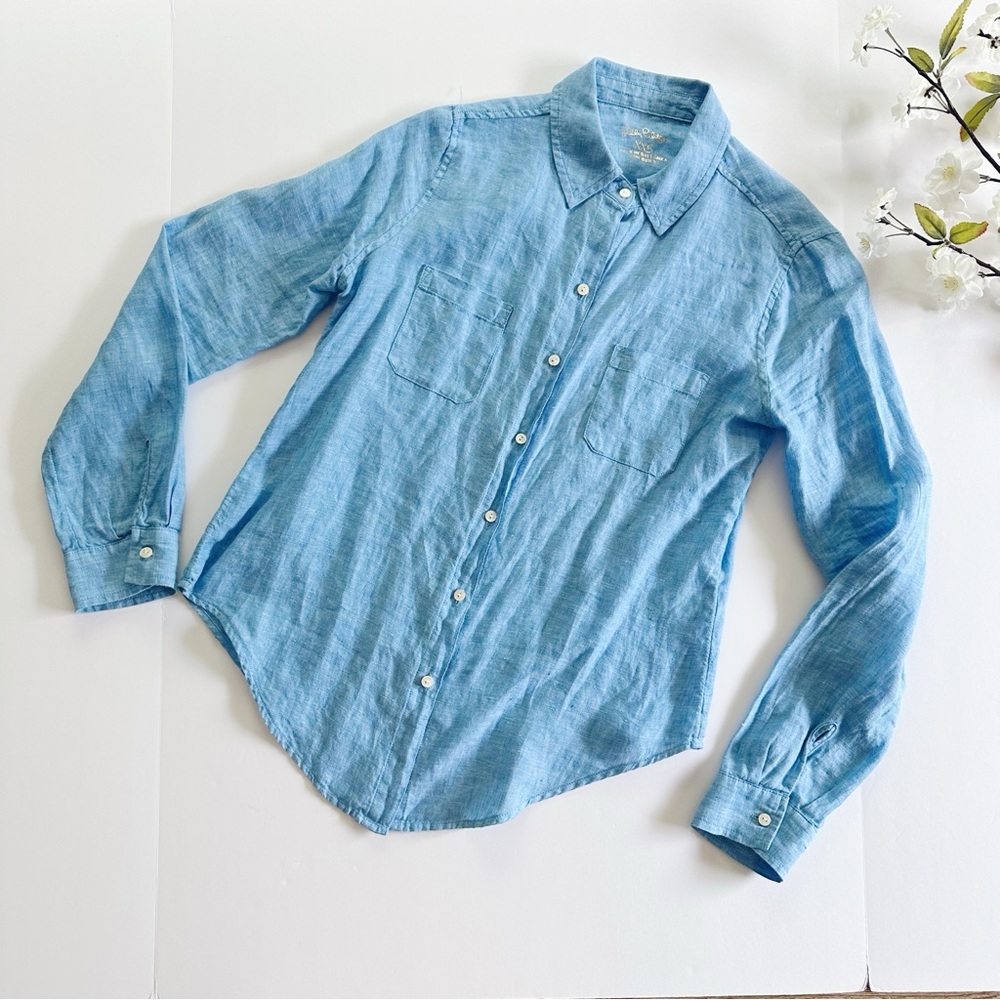 NEW Lilly Pulitzer Sea View Linen Button Down Top Beckon Blue & Sea Salt Shirt - Picture 9 of 12